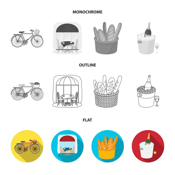 Bicicleta, transporte, veículo, café. França país conjunto coleção ícones em plano, contorno, estilo monocromático símbolo vetorial estoque ilustração web . — Vetor de Stock