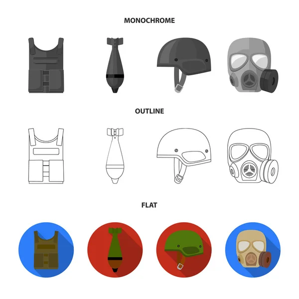 Chaleco antibalas, mío, casco, máscara de gas. Militar y ejército conjunto colección iconos en plano, contorno, estilo monocromo vector símbolo stock ilustración web . — Archivo Imágenes Vectoriales