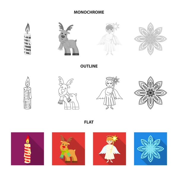Рождественская свеча, олень, ангел и снежинка плоские, очертания, монохромные иконы в наборе коллекции для дизайна. Рождественская векторная веб-иллюстрация . — стоковый вектор