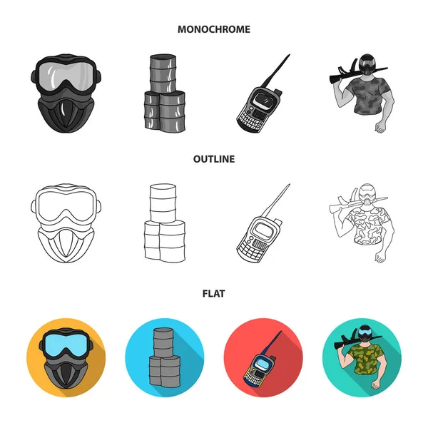 Ausrüstung, Maske, Lauf, Barrikade .Paintball Set Sammlung Symbole in flach, Umriss, monochromen Stil Vektor Symbol Stock Illustration Web. — Stockvektor