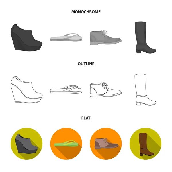 Zapatos negros de otoño en una plataforma alta, chanclas verdes para relajarse, zapatos de otoño de hombres arenosos, botas marrones altas. Zapatos conjunto de iconos de colección en plano, contorno, el estilo monocromo vector símbolo de stock — Vector de stock