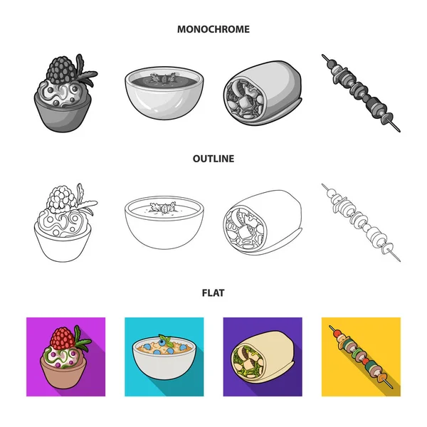 Gâteau aux framboises, soupe végétarienne aux légumes verts, saucisses aux légumes, brochettes de légumes. Plats végétariens ensemble icônes de la collection à plat, contour, symbole vectoriel de style monochrome stock — Image vectorielle