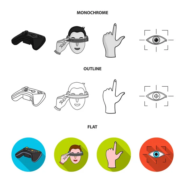 Virtuale, realtà, casco, computer, tecnologia,. Realtà virtuale impostare le icone di raccolta in piatto, contorno, stile monocromatico vettore simbolo stock illustrazione web . — Vettoriale Stock