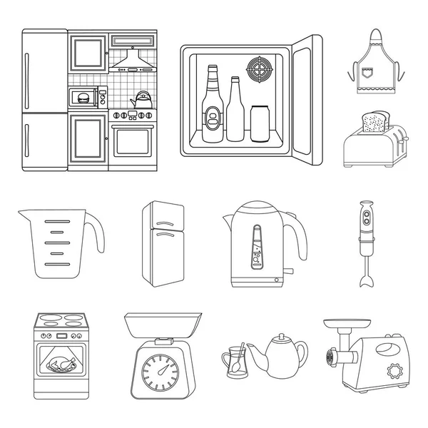 Attrezzatura da cucina contorno icone nella collezione set per il design. Cucina e accessori vettoriale simbolo stock web illustrazione . — Vettoriale Stock