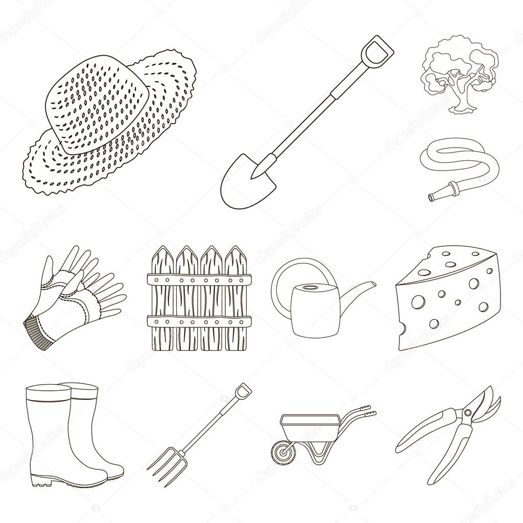 Farm and gardening outline icons in set collection for design. Farm and equipment vector symbol stock web illustration.