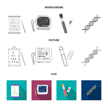 Görme testleri, kan testi, bir Dna kodu, bir EKG Cihazı tablosu. İlaç toplama simgeler koymak düz, anahat, tek renkli stil vektör simge stok çizim web.