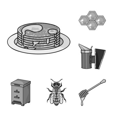 Arı kovanı ve arıcılık tek renkli simgeler set koleksiyonu tasarım için. Ekipman ve bal üretim sembol stok web illüstrasyon vektör.