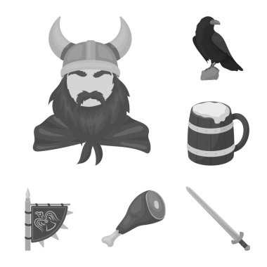 Vikingler ve öznitelikler tek renkli simgeler set koleksiyonu tasarım için. Eski İskandinav savaşçı vektör simge stok web çizimi.