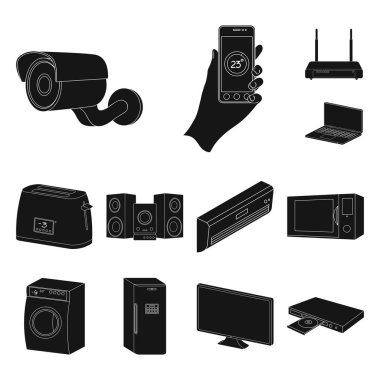 Akıllı ev aletleri set koleksiyonu tasarım için simgeler siyah. Modern ev aletleri sembol stok illüstrasyon vektör.