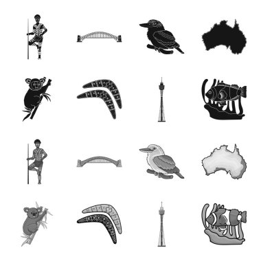 Bambu, Bumerang, Sydney Kulesi, Balık palyaço ve amonyum Koala. Avustralya toplama simgeler siyah, tek renkli stil vektör simge stok çizim web içinde ayarla..