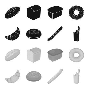 Çavdar yuvarlak ekmek, çörek, Fransız bir somun ekmek bir torba. Ekmek toplama simgeler siyah, tek renkli stil vektör simge stok çizim web içinde ayarla..