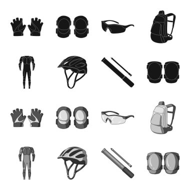 Tüm vücut takım binici, kask, pompa bir hortum ile diz koruyucular. Bisikletçi kıyafet toplama simgeler siyah, tek renkli stil vektör simge stok çizim web içinde ayarla..