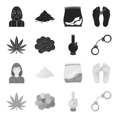 Kenevir yaprak, ecstasy hap, kelepçe, bong. İlaç toplama simgeler siyah, tek renkli stil vektör simge stok çizim web içinde ayarla..