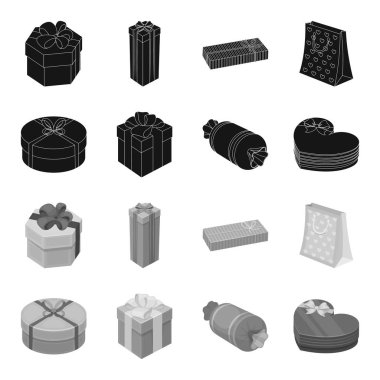 Fiyonklu hediye paketi hediye kutusu. Hediyeler ve sertifikaları toplama simgeler siyah, tek renkli stil vektör simge stok çizim web ayarla.