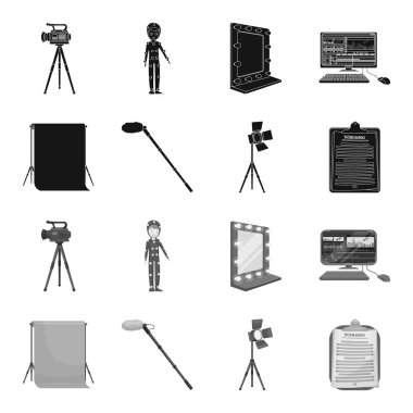Hromakey, komut dosyası ve diğer ekipmanlar. Toplama simgeler siyah, tek renkli stil vektör simge stok çizim web içinde ayarla film yapma.