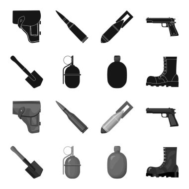 Kazmacı blade, el bombası, ordu flask, asker önyükleme. Askeri ve ordu toplama simgeler siyah, tek renkli stil vektör simge stok çizim web ayarla.