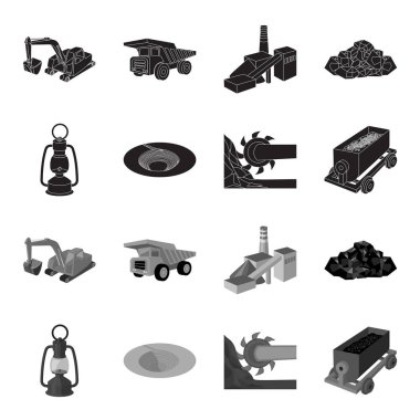 Bir madenci lambası, bir huni, araştırma birleştirin, cevheri ile bir arabası. Toplama simgeler siyah, tek renkli stil vektör simge stok çizim web içinde set madencilik sanayi.