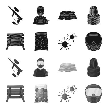 Ahşap barikat, koruyucu maske ve diğer aksesuarları. Paintball tek simge siyah, tek renkli stil vektör simge stok çizim web içinde.
