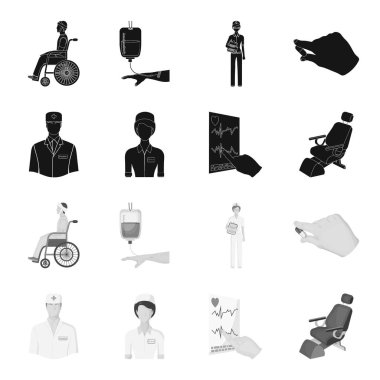 Uzman hekim, Hemşire, kalp, diş sandalye kardiyogram. Medicineset toplama simgeler siyah, tek renkli stil vektör simge stok çizim web içinde.