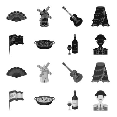 İspanya, ulusal bir tabak pirinç ve domates, bir şişe şarap bir bardak, bir boğa güreşçisi, bir matador ile arması ile bayrak. İspanya ülke toplama simgeler siyah, tek renkli bir tarzda ayarla.