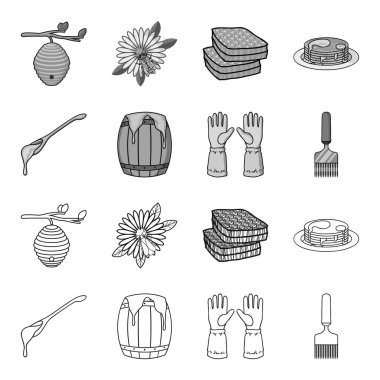 Tatlım, koruyucu eldiven, bir varil bal, bir çatal kaşık. Arı kovanı toplama simgeler anahat, tek renkli stil vektör simge stok çizim web ayarla..