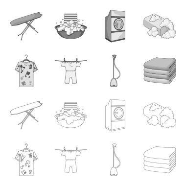 Elektrikli süpürge, bez, kirli ve temiz şeyler yığınını. Kuru Temizleme toplama simgeler anahat, tek renkli stil vektör simge stok çizim web ayarla..