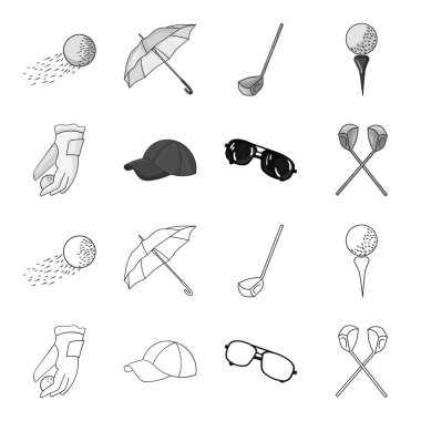 Bir top, kırmızı şapka, güneş gözlüğü, iki kulüp ile golf oynamak için bir eldiven. Golf Club toplama simgeler anahat, tek renkli stil vektör simge stok çizim web ayarla..