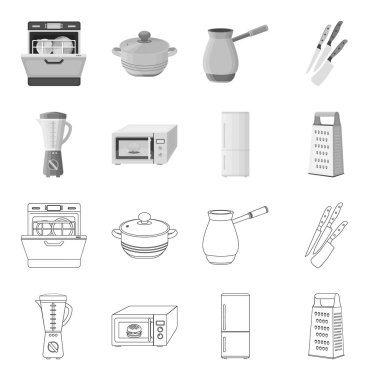 Mutfak ekipmanları anahat, set koleksiyonu tasarım için tek renkli simgeler. Sembol stok web illüstrasyon vektör mutfak ve aksesuarları.