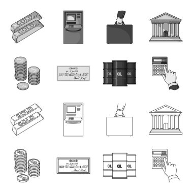 Sikke, bir banka çeki, bir hesap makinesi, siyah altın yığını. Para ve finans anahat, tek renkli stil vektör simge stok çizim web simgeler ayarla.
