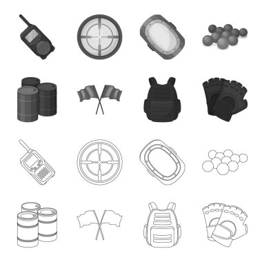 Koruyucu yelek, eldiven ve diğer ekipmanlar. Anahat, tek renkli stil vektör simge stok çizim web Paintball tek simge.