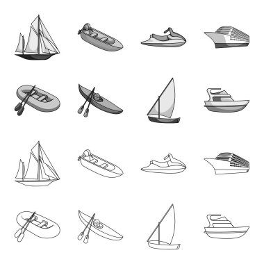 Balıkçılık Tekne, bir kayık kürek ile bir balık tutma schooner, motor yat bir lastik. Gemi ve Su ulaştırma araçları anahat, tek renkli stil vektör simge stok çizim web simgeler ayarla.