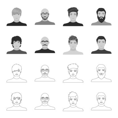 Genç bir adam, onun gözlük bıyıklı kel bir adamın yüzünü görünümü. Yüz ve görünümü anahat, tek renkli stil vektör simge stok çizim web simgeler ayarla.