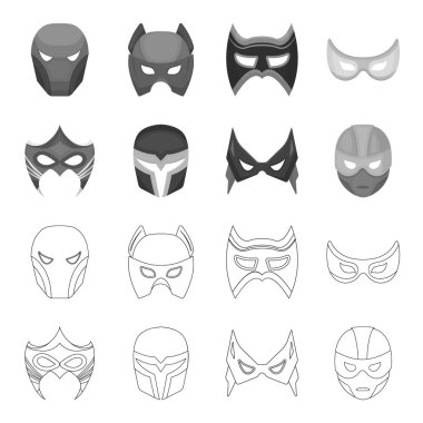 Baş ve gözler maske. Süper kahraman maske simgeler anahat, tek renkli stil vektör simge stok çizim web ayarla..
