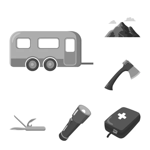 Resto nel campeggio icone monocromatiche in collezione set per il design. Camping e attrezzature vettoriale simbolo stock web illustrazione . — Vettoriale Stock