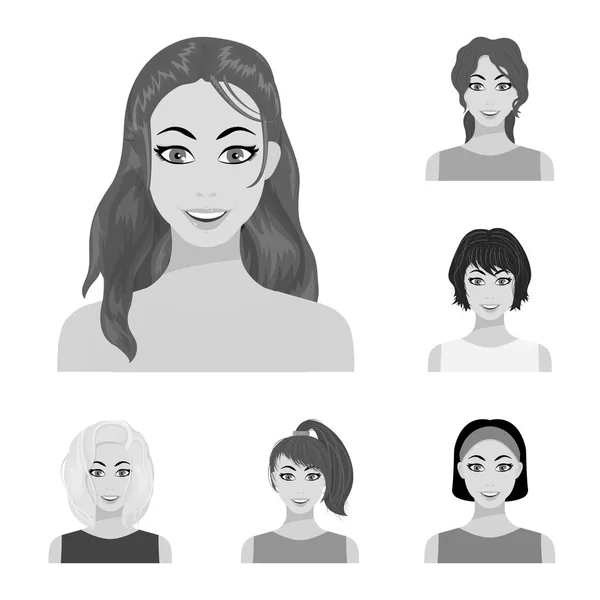 Tipos de penteados femininos ícones monocromáticos na coleção de conjuntos para design. Aparência de uma mulher vetor símbolo web ilustração . —  Vetores de Stock