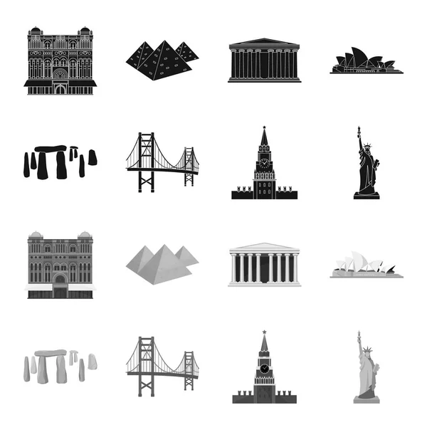 Visites de différents pays noir, icônes monochromes dans la collection ensemble pour le design. Célèbre bâtiment vectoriel symbole stock web illustration . — Image vectorielle
