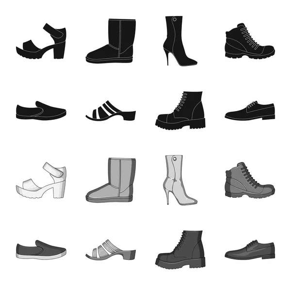 Un conjunto de iconos en una variedad de zapatos.Diferentes zapatos solo icono en negro, el estilo monocromo vector web símbolo stock illustration . — Vector de stock