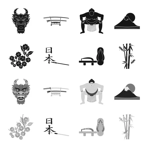 Geta, sakura flowers, bamboo, hieroglyph.Japan set collection icons in black, monochrome style vector symbol stock illustration web . — стоковый вектор
