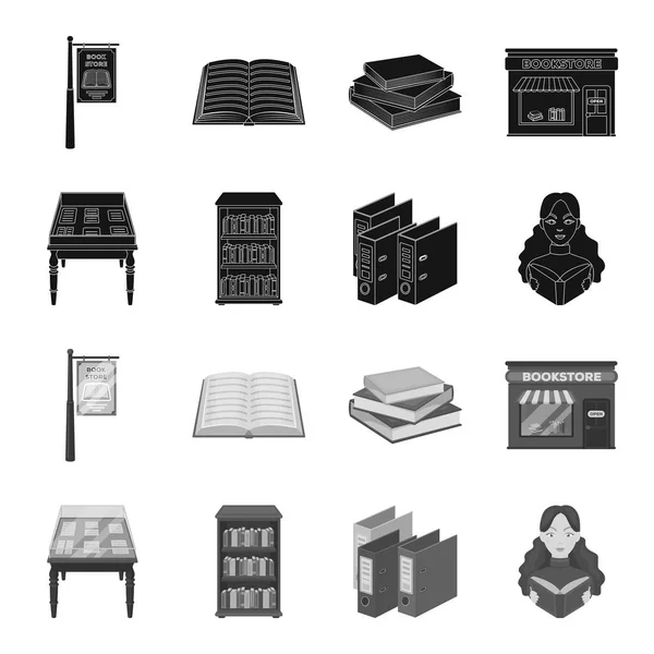 Library and bookstore black, monochrome icons in set collection for design. Книги и мебель векторные символы фондовых веб-иллюстрации . — стоковый вектор