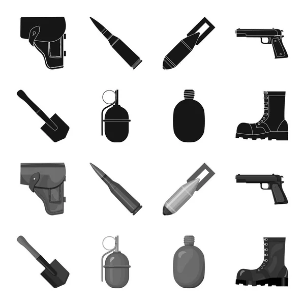 Lame de sapeur, grenade à main, fiole de l'armée, botte de soldat. Icônes de collection militaires et militaires en noir, symbole vectoriel de style monochrome illustration web . — Image vectorielle