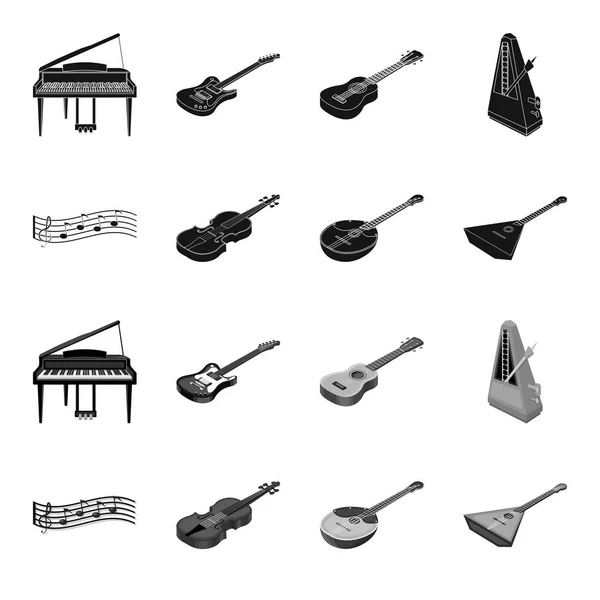 Musikinstrument schwarz, monochrome Ikonen in Set-Kollektion für Design. Saiten- und Blasinstrument isometrisches Vektor-Symbol Stock Web Illustration. — Stockvektor