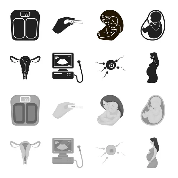 Livmodern, apparat för ultraljud, gödsling. Graviditet som samling ikoner i svart, svartvit stil vektor symbol stock illustration web. — Stock vektor