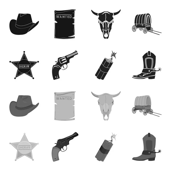 Csillagos sheriff, Colt, dinamit, cowboy boot. Wild West készlet gyűjtemény ikonok-ban fekete, fekete-fehér stílus vektor szimbólum stock illusztráció web. — Stock Vector