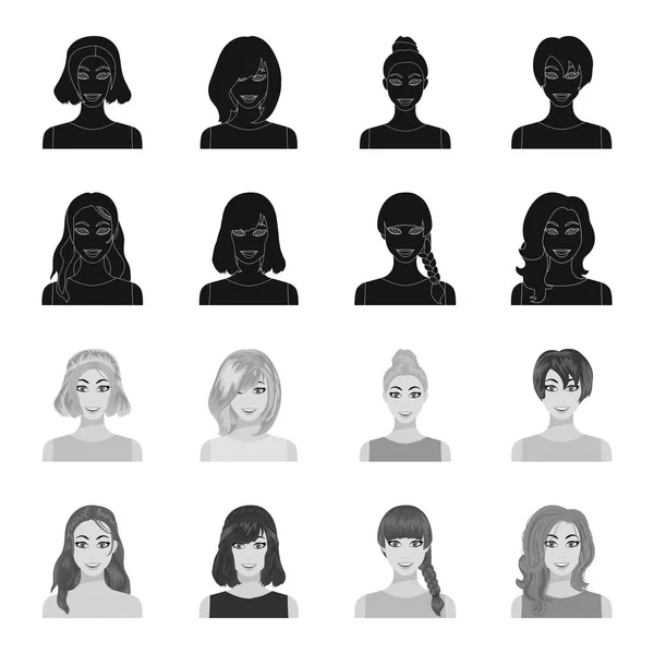 Tipi di acconciature femminili nere, icone monocromatiche in raccolta di serie per progetto. Aspetto di una donna vettoriale simbolo stock web illustrazione . — Vettoriale Stock