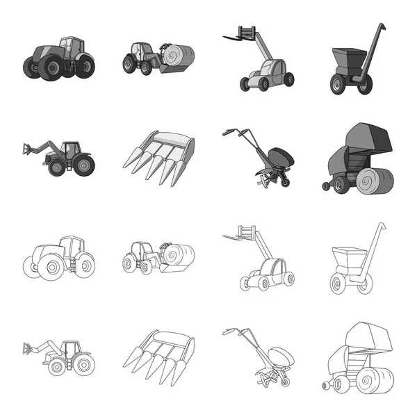 Motoblock et autres dispositifs agricoles. Ensemble de machines agricoles icônes de collection dans les grandes lignes, monochrome style vectoriel symbole illustration web . — Image vectorielle