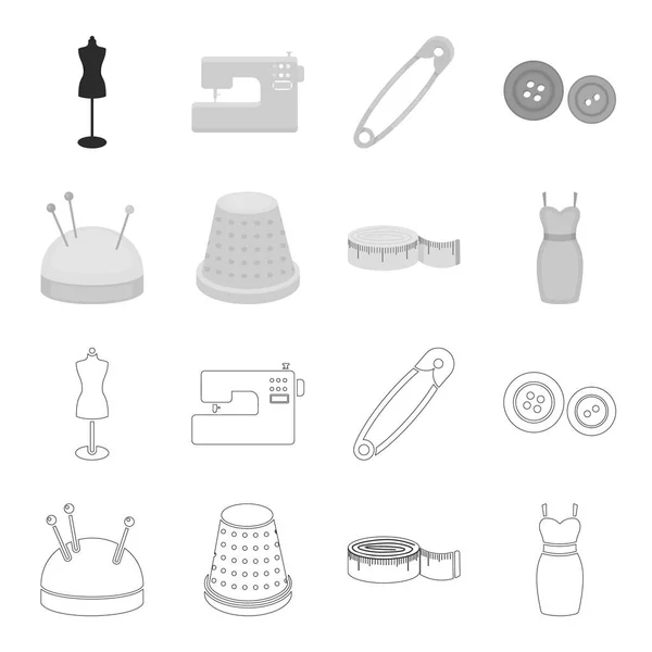 Speldenkussen met spelden, vingerhoed, centimeter, dress. Atelier instellen collectie iconen in overzicht, zwart-wit stijl vector symbool stock illustratie web. — Stockvector