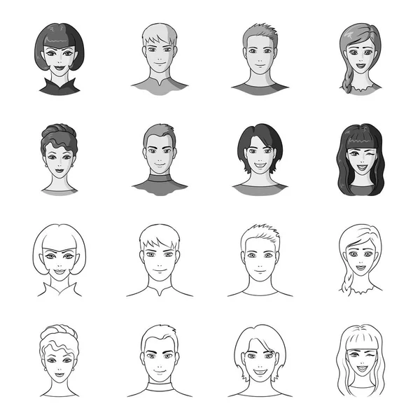 Olika utseende av unga människor. Avatar och ansikte som samling ikoner i disposition, svartvit stil vektor symbol stock illustration web. — Stock vektor