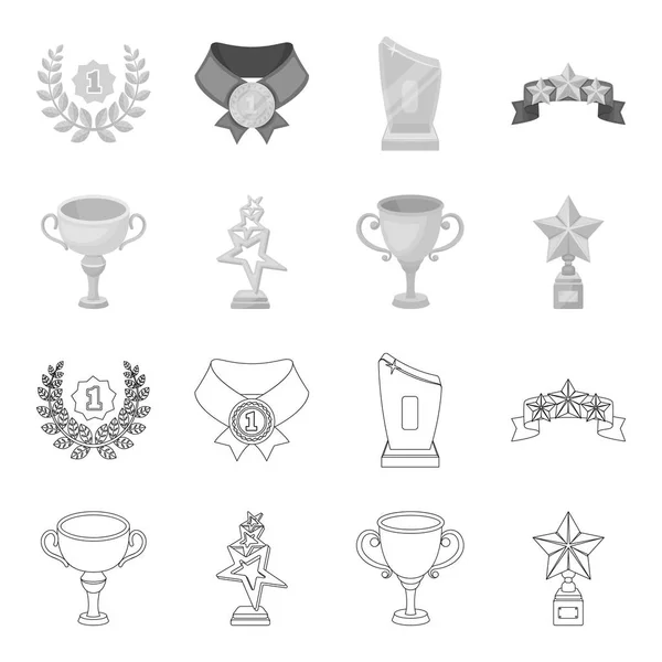 Copa de plata para el segundo lugar, estrellas de oro en el stand, una taza con una estrella, una copa de oro.Premios y trofeos conjunto de iconos de la colección en el contorno, el estilo monocromo vector símbolo stock illustration web . — Archivo Imágenes Vectoriales