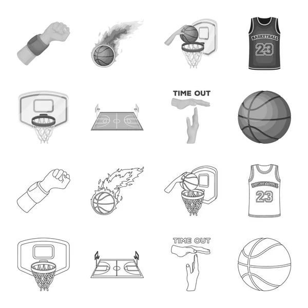 농구와 특성 개요, 디자인에 대 한 설정된 컬렉션에 단색 아이콘. 농구 선수 및 장비 벡터 기호 재고 웹 일러스트 레이 션. — 스톡 벡터