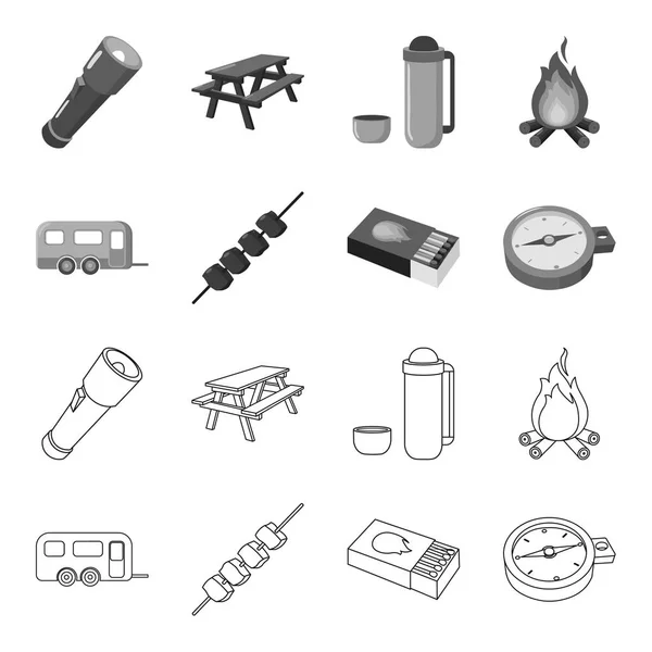 Remorque, shish kebab, allumettes, boussole. Camping set collection icônes dans les grandes lignes, monochrome style vectoriel symbole illustration web . — Image vectorielle